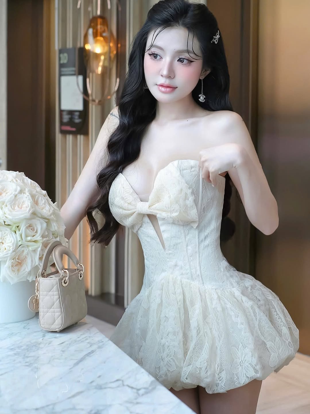 EMMA BOWKNOT TUBE TOP MINI DRESS, BEIGE