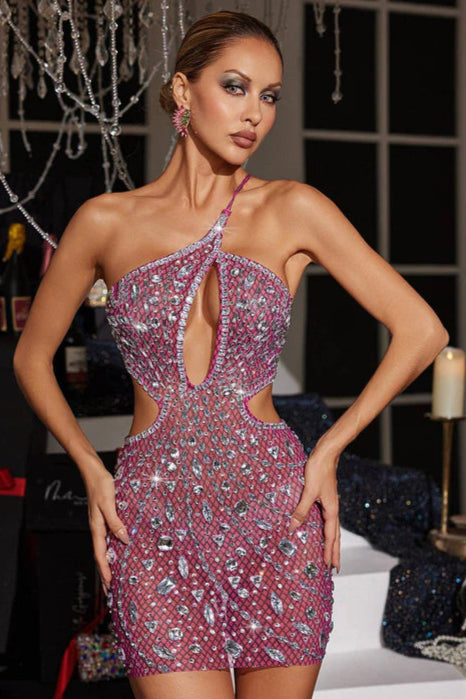 HANNE BACKLESS RHINESTONE MESH MINI DRESS PINK
