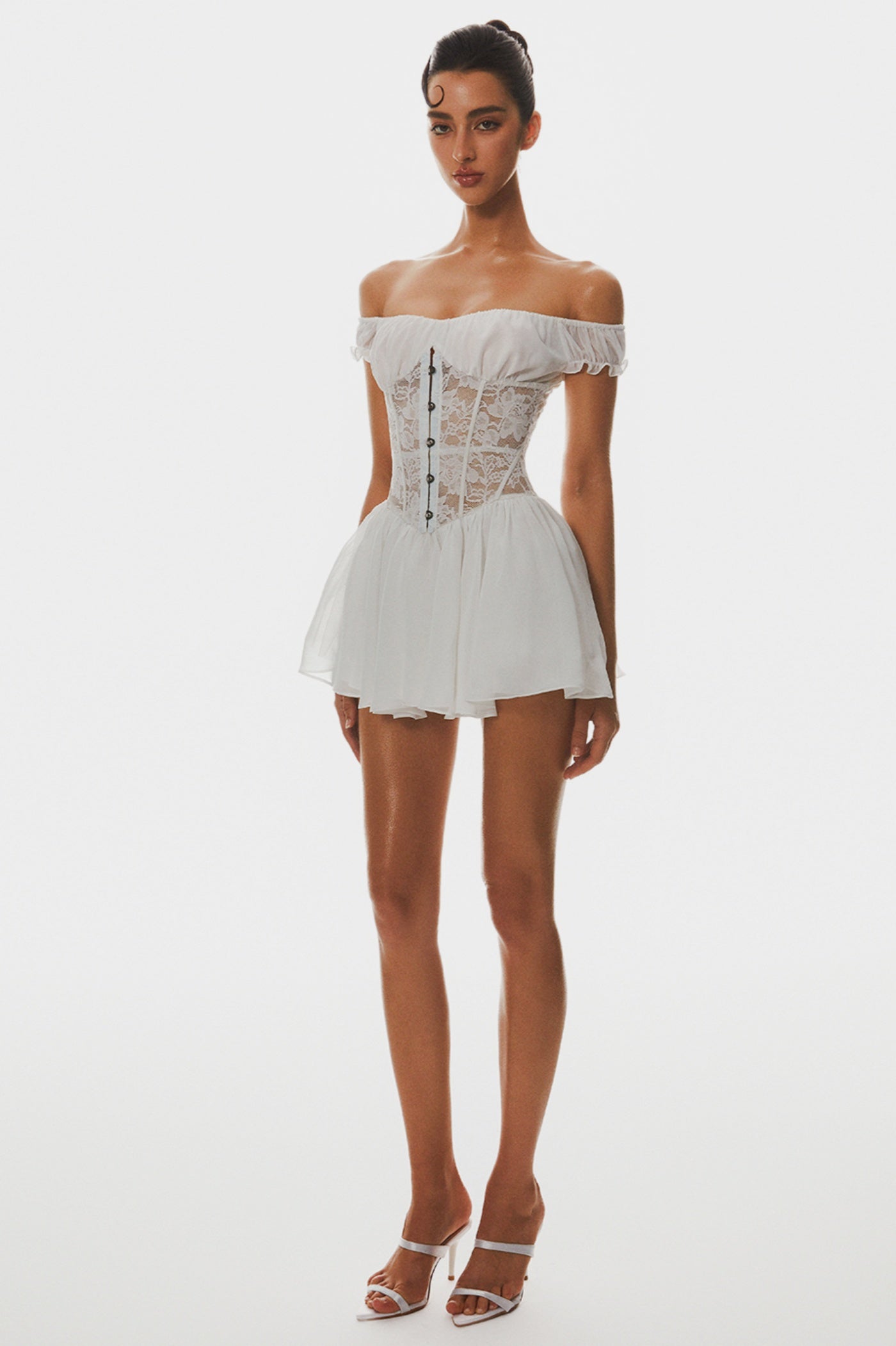 HATHIA OFF-SHOULDER LACE CORSET MINI DRESS
