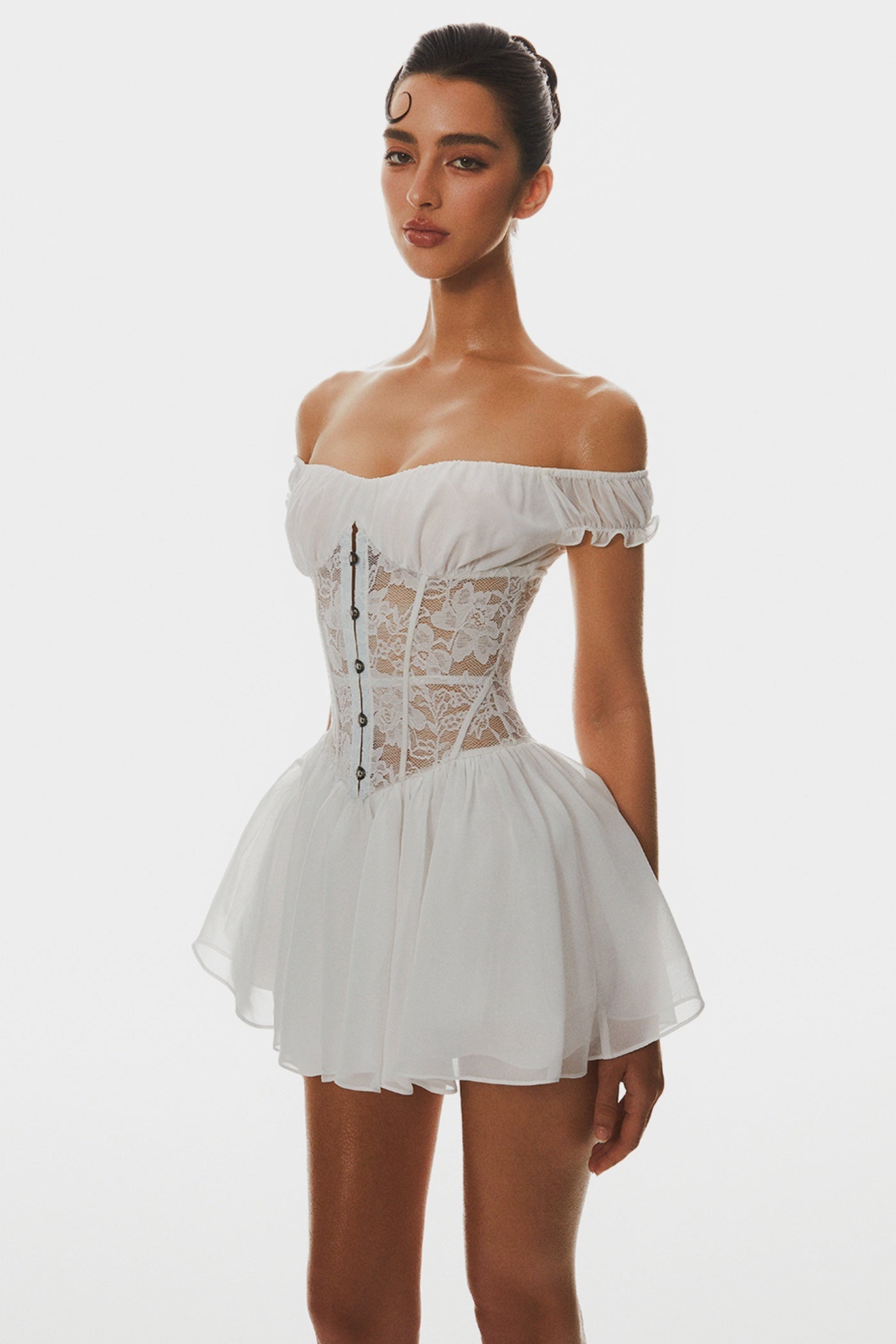 HATHIA OFF-SHOULDER LACE CORSET MINI DRESS