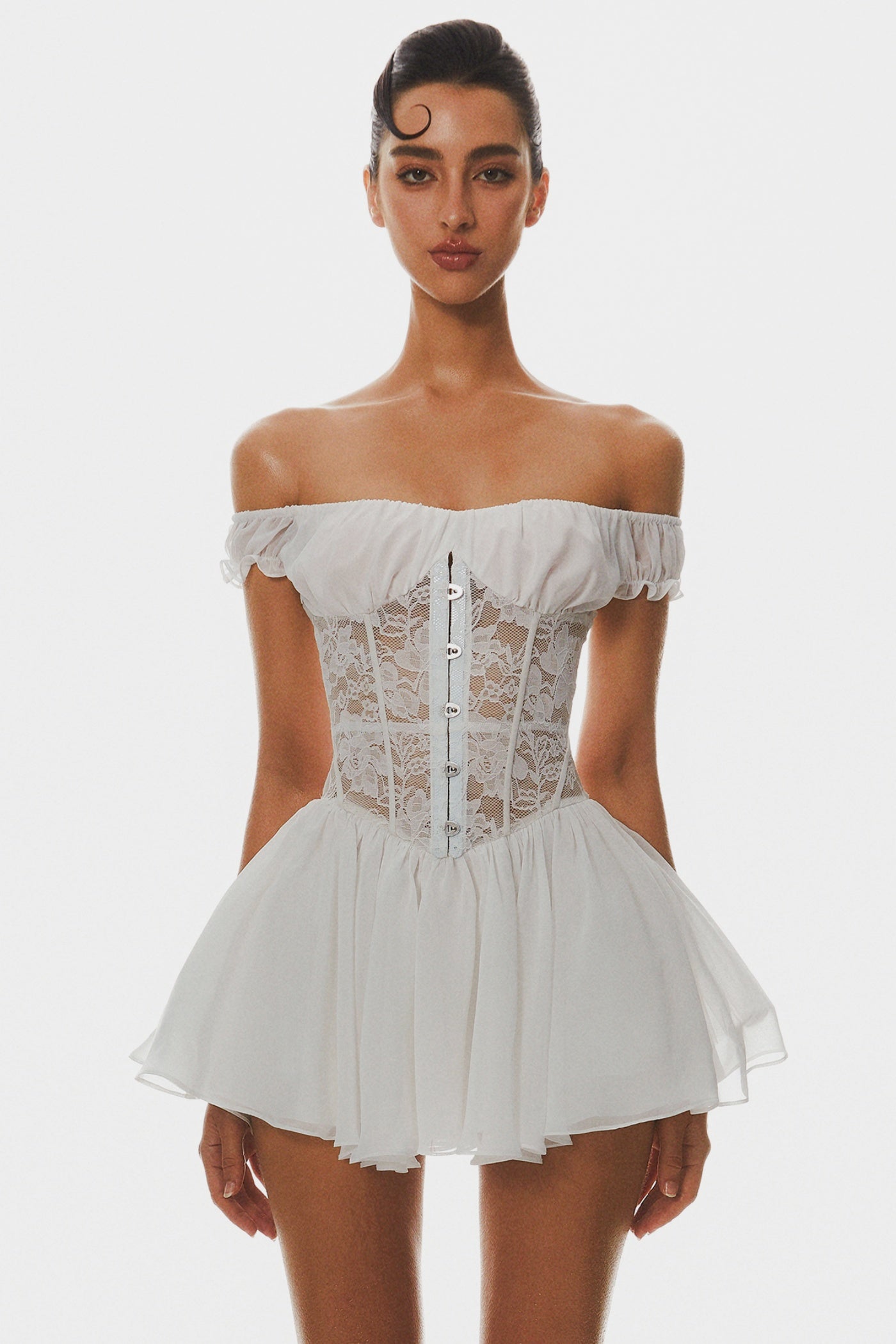 HATHIA OFF-SHOULDER LACE CORSET MINI DRESS