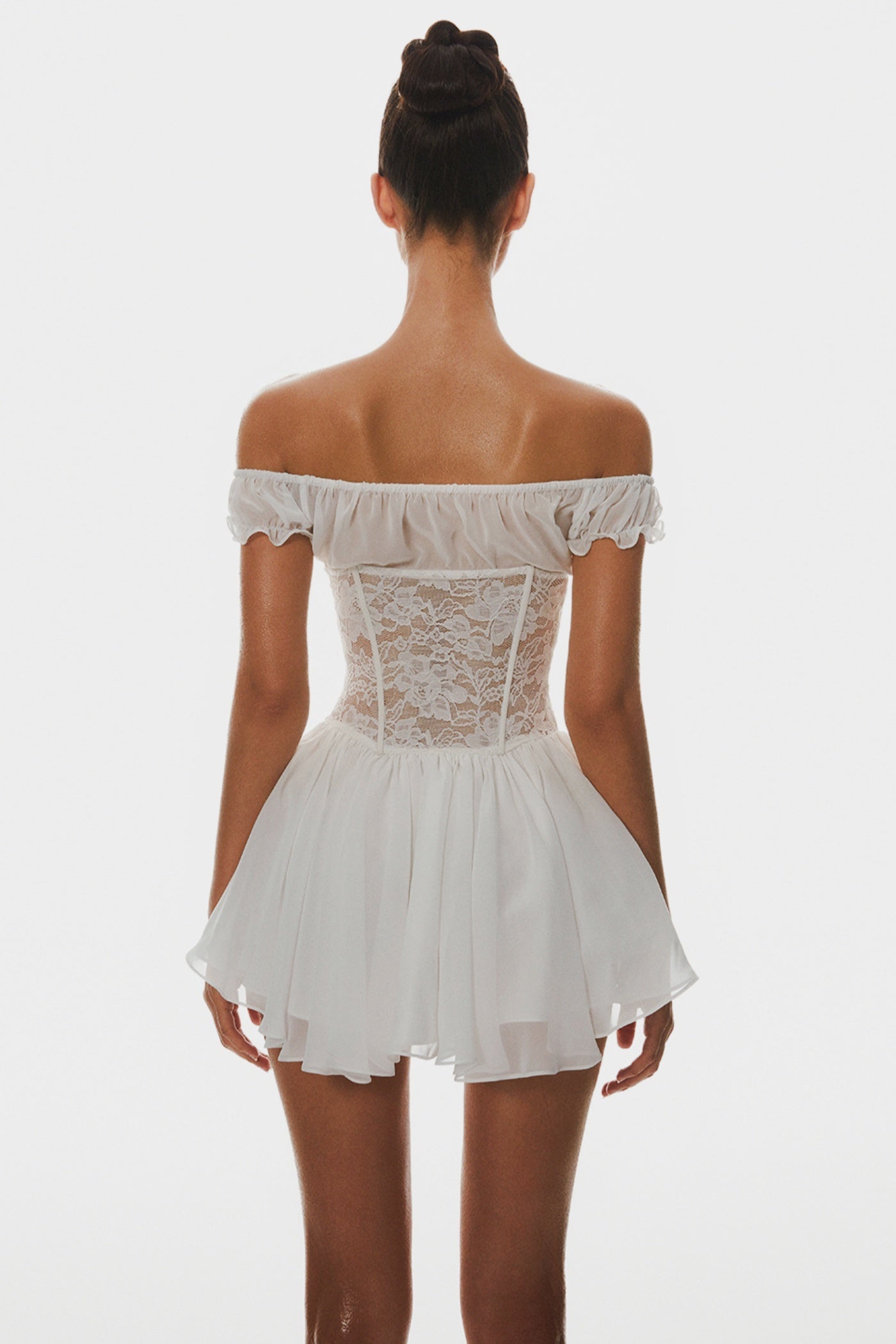 HATHIA OFF-SHOULDER LACE CORSET MINI DRESS
