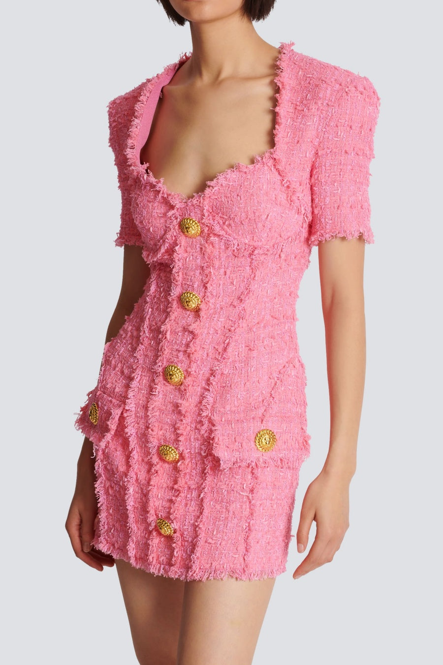 SELENA PINK TWEED MINI DRESS, 7-BUTTON PARTY