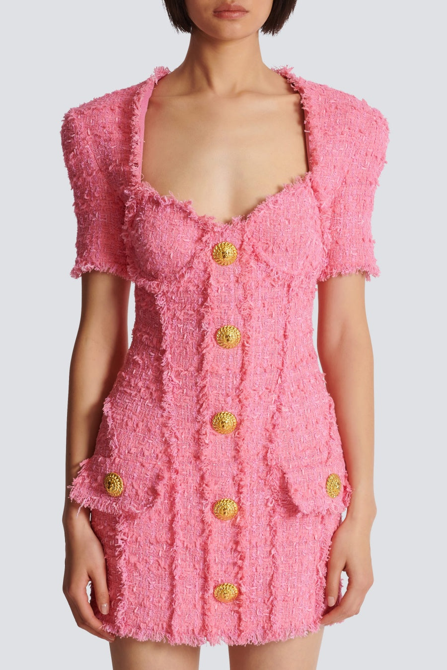 SELENA PINK TWEED MINI DRESS, 7-BUTTON PARTY