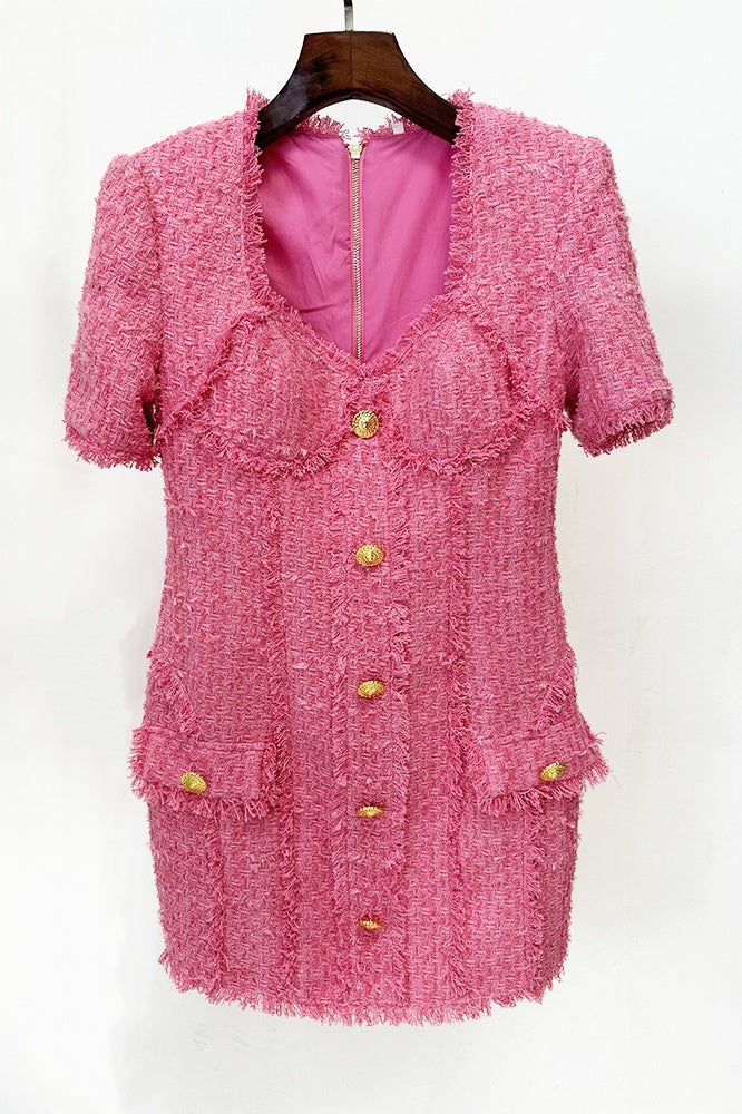 SELENA PINK TWEED MINI DRESS, 7-BUTTON PARTY