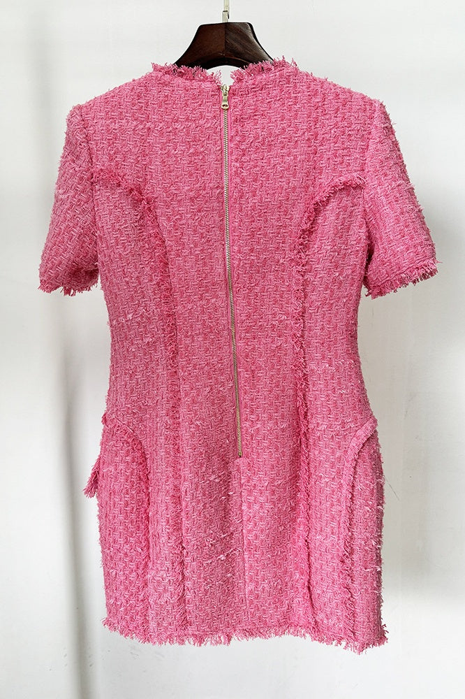 SELENA PINK TWEED MINI DRESS, 7-BUTTON PARTY