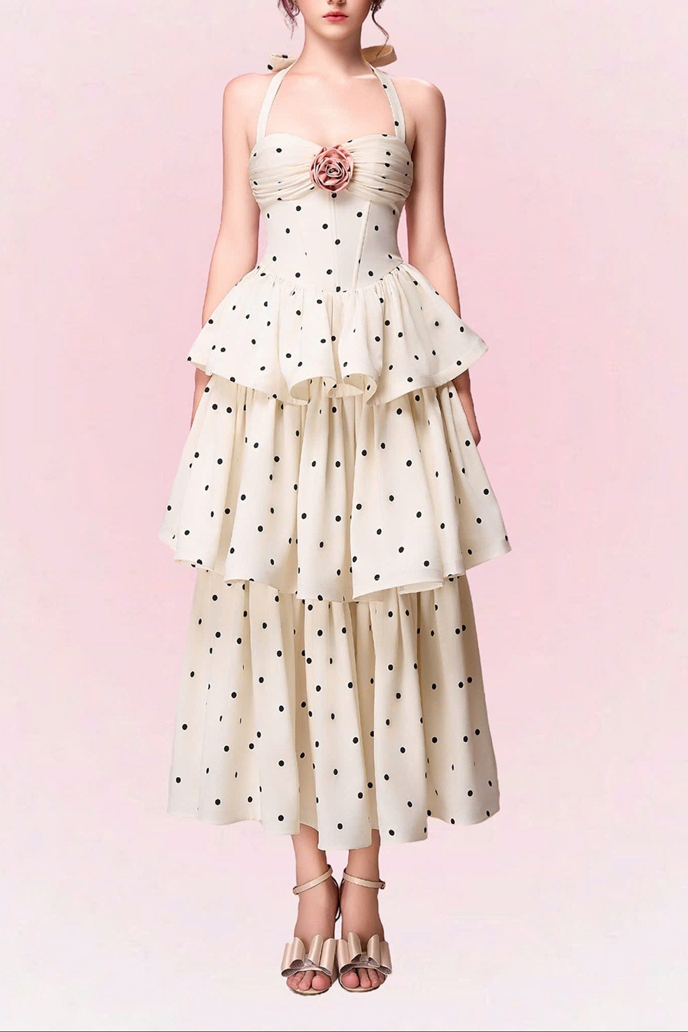 ROBERTA POLKA DOT HALTER MIDI DRESS - APRICOT