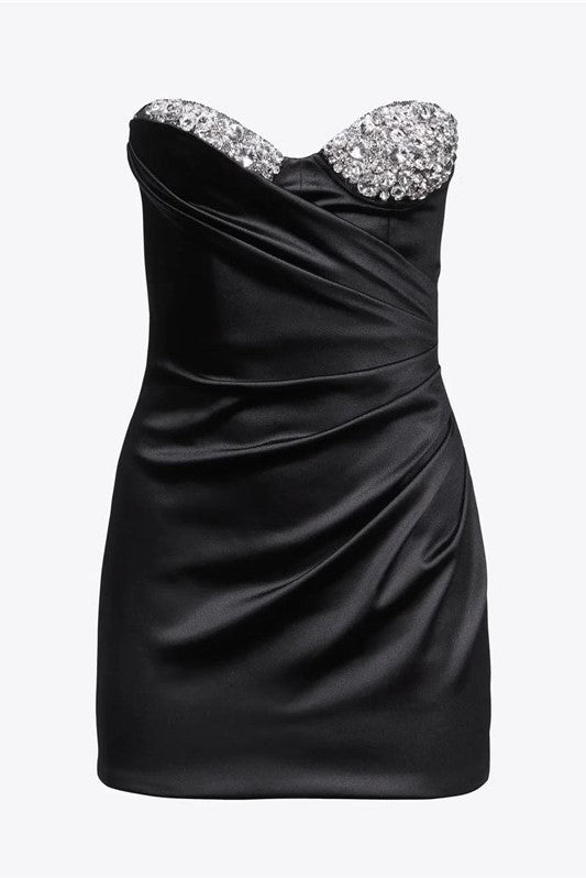 HEIDI DIAMANTE STRAPLESS SATIN MINI DRESS BLACK