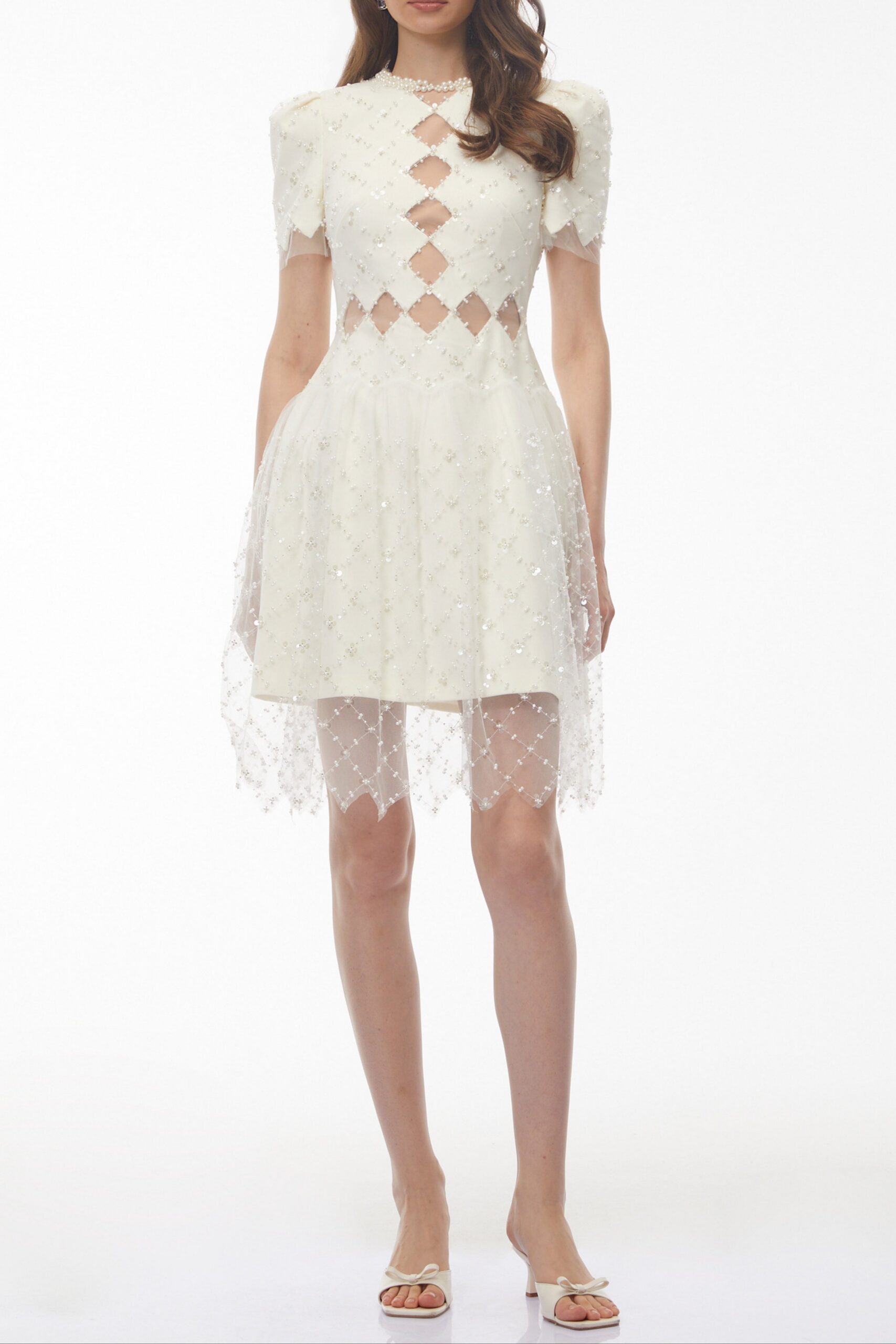 HENRIETTA IVORY SEQUIN MINI DRESS MESH PANEL