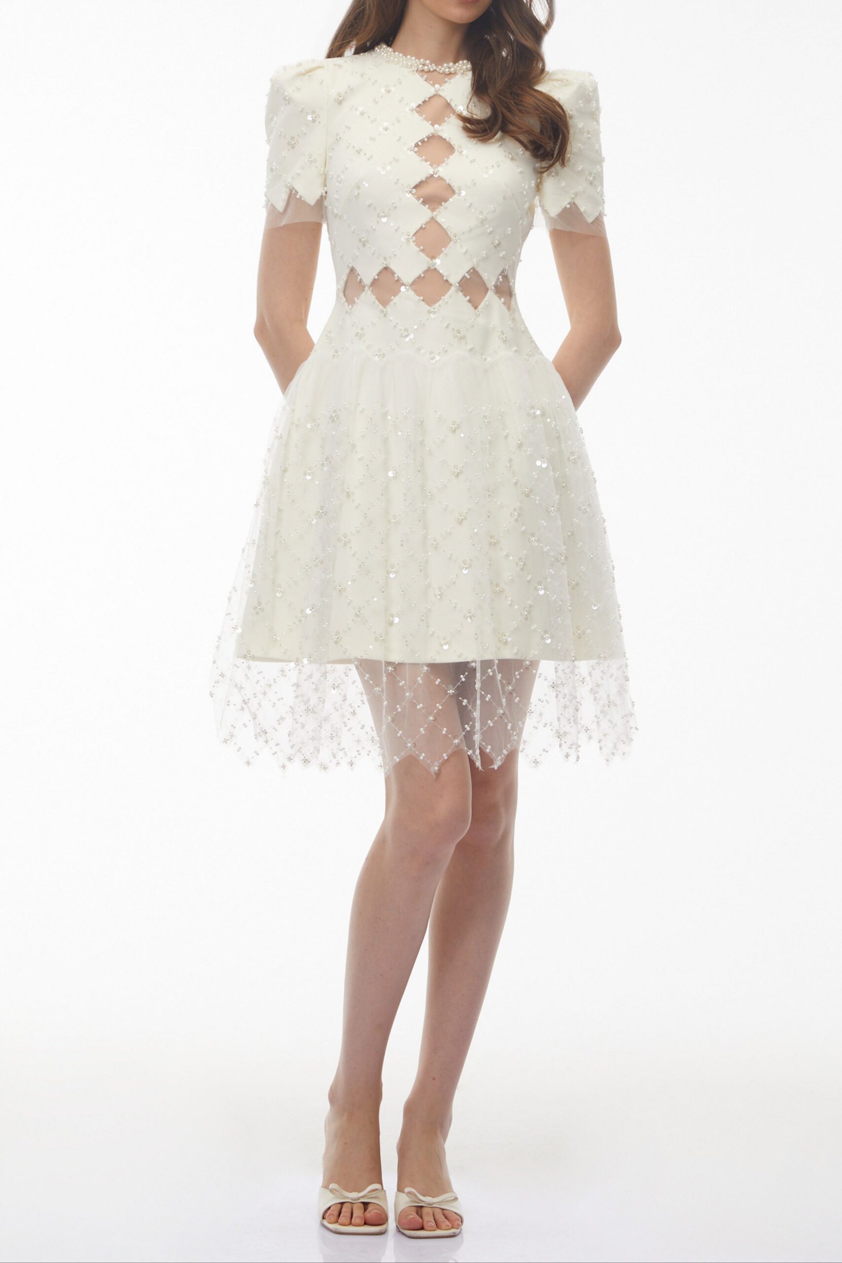 HENRIETTA IVORY SEQUIN MINI DRESS MESH PANEL