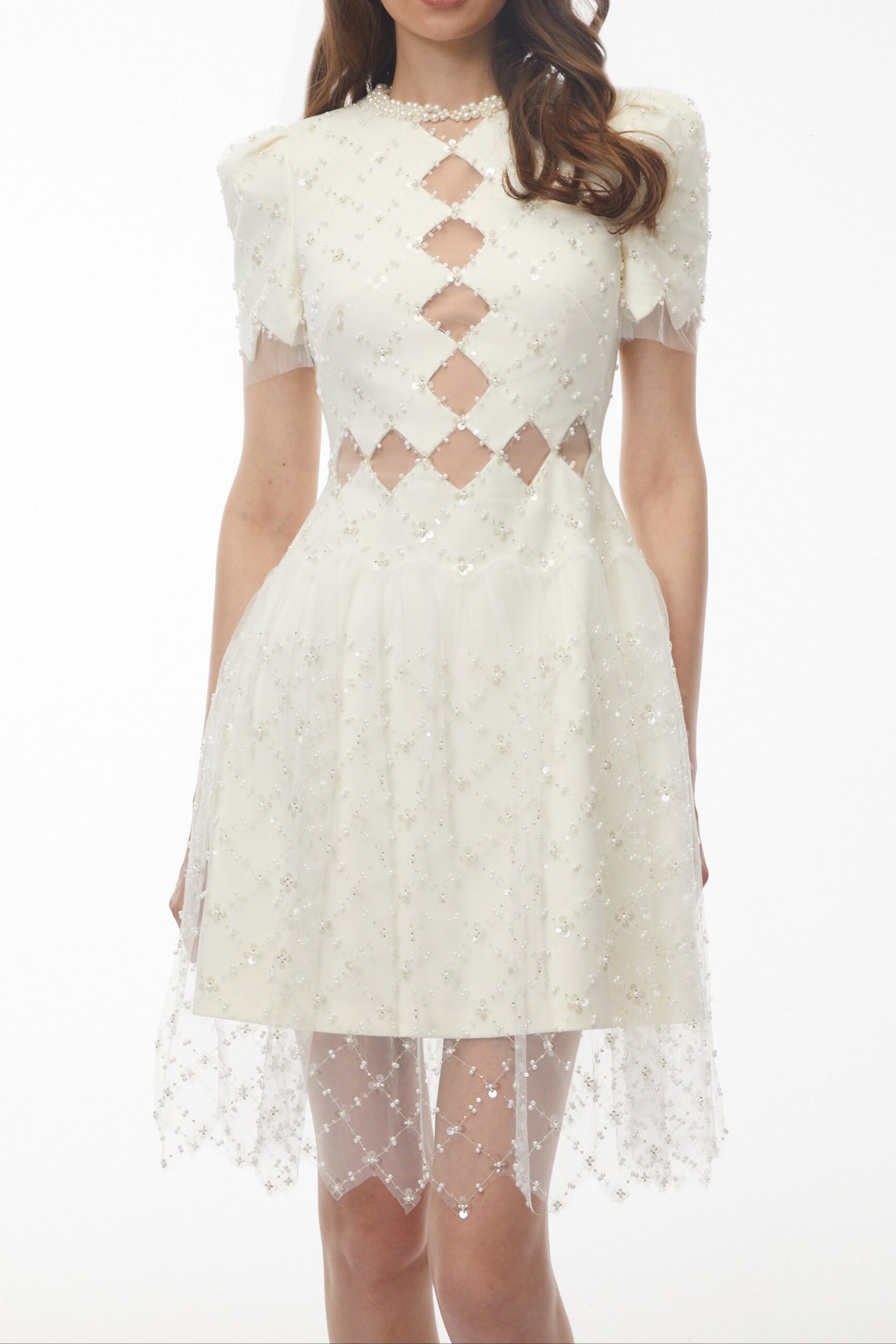 HENRIETTA IVORY SEQUIN MINI DRESS MESH PANEL