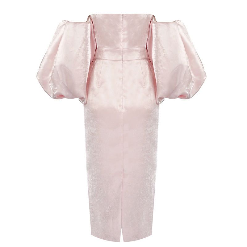 SMILEY PUFF SLEEVE SATIN MIDI DRESS PINK