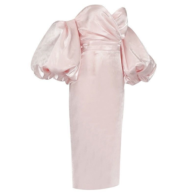 SMILEY PUFF SLEEVE SATIN MIDI DRESS PINK