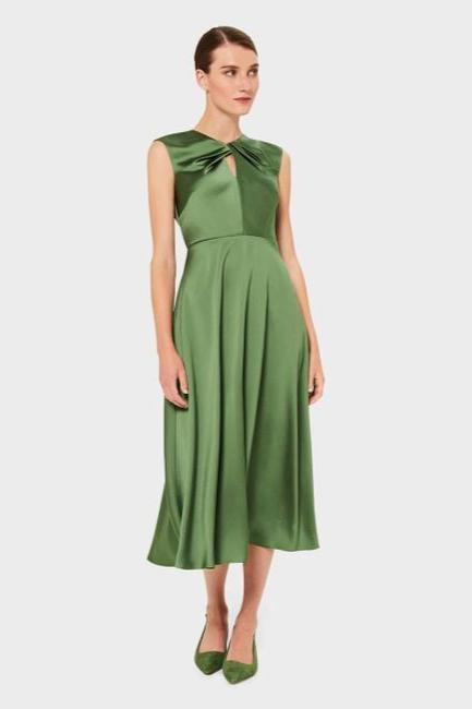 TWIST NECK SATIN MIDI DRESS GREEN, ELEGANT EVENING