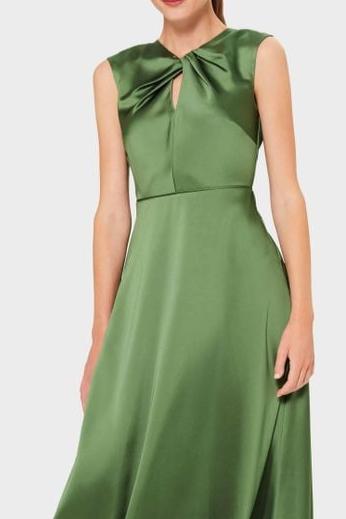 TWIST NECK SATIN MIDI DRESS GREEN, ELEGANT EVENING