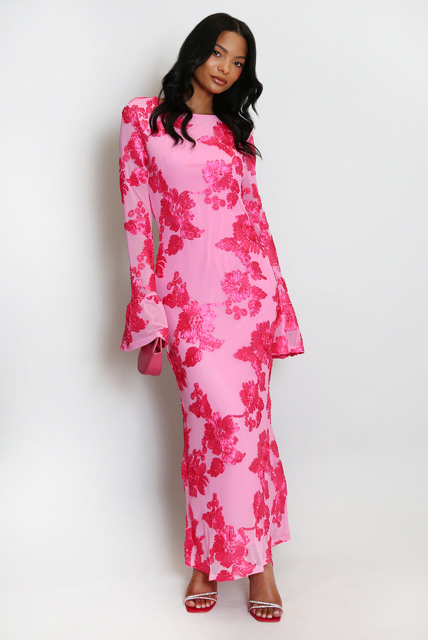 FLORAL LACE MIDI DRESS WITH FLUTE CUFFS