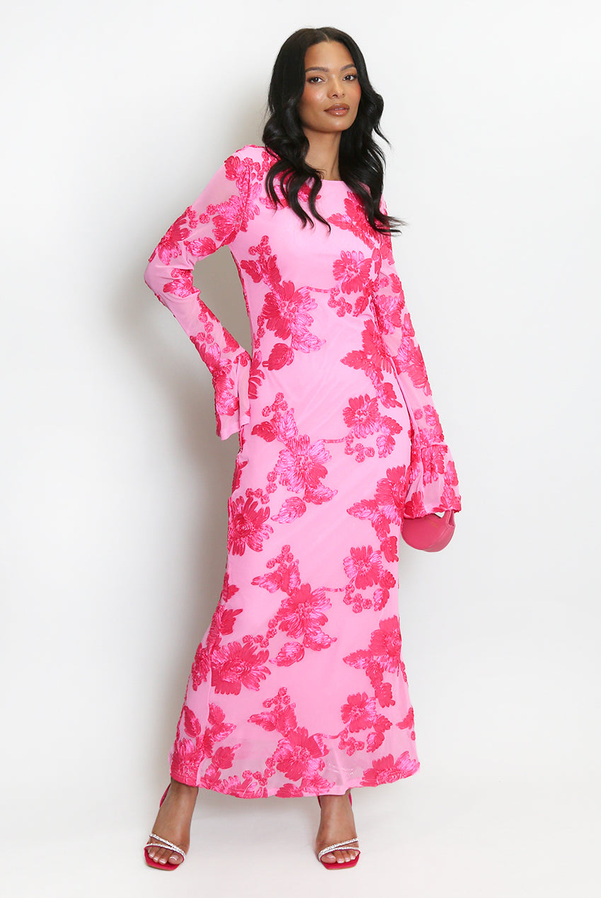 FLORAL LACE MIDI DRESS WITH FLUTE CUFFS