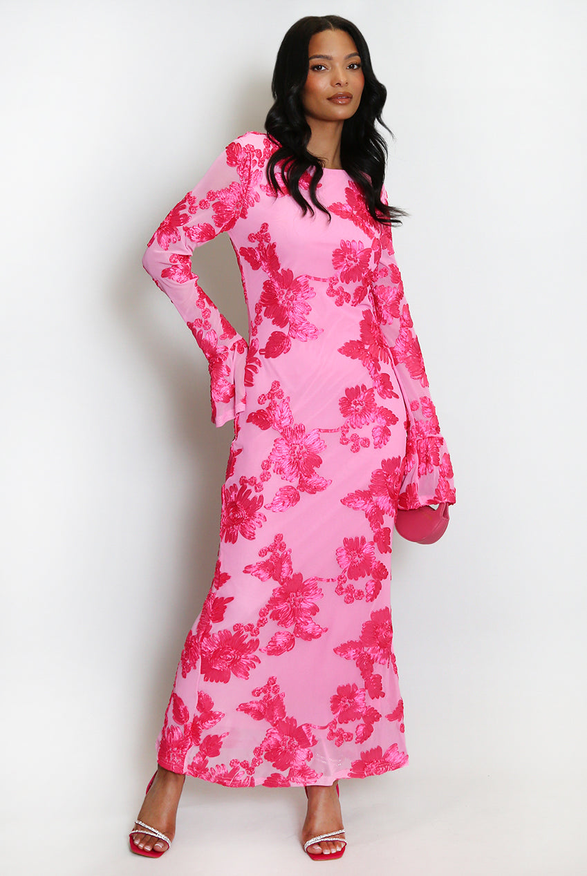 FLORAL LACE MIDI DRESS WITH FLUTE CUFFS