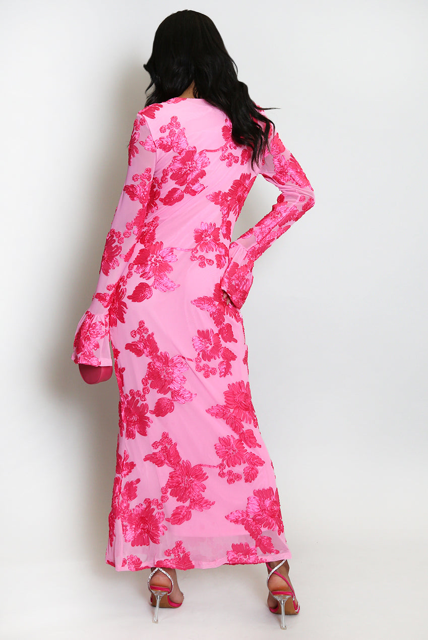 FLORAL LACE MIDI DRESS WITH FLUTE CUFFS