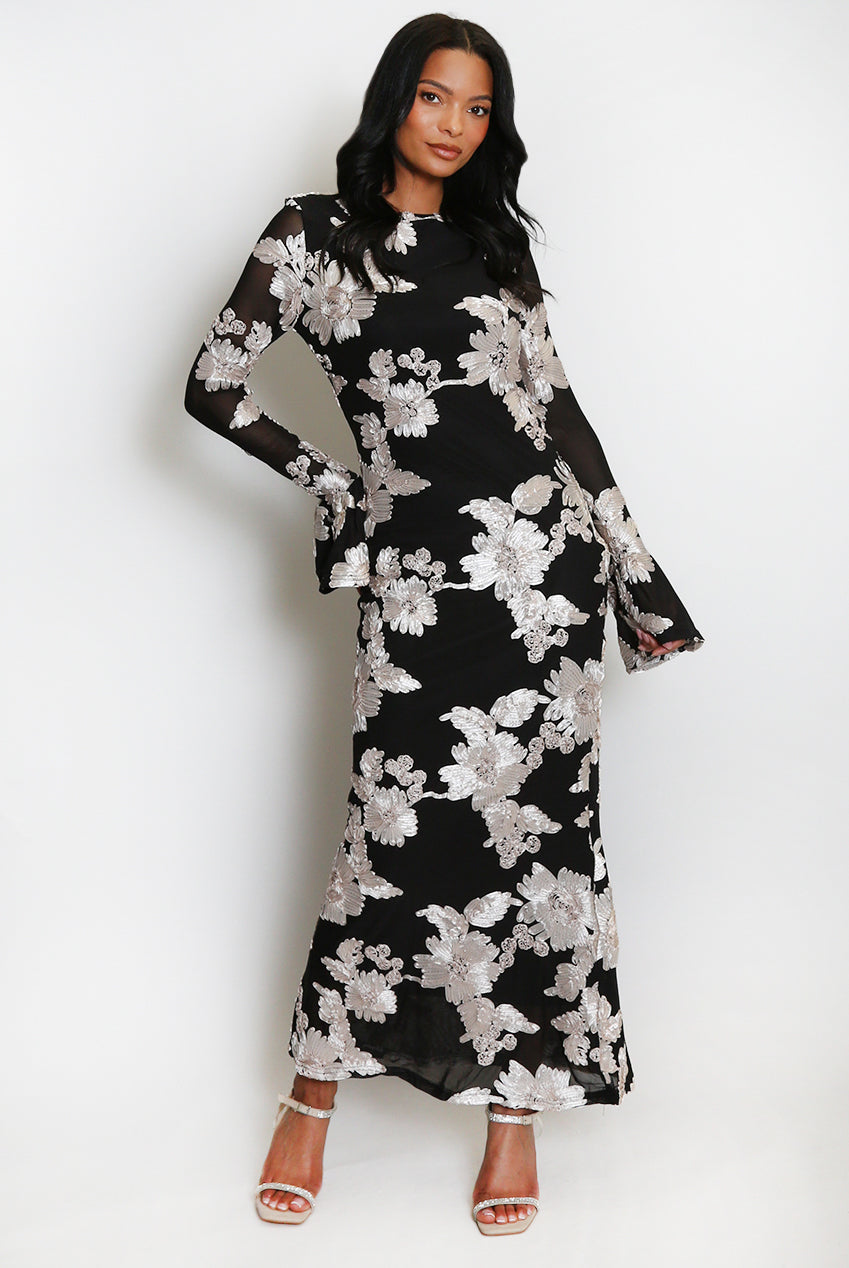 FLORAL LACE MIDI DRESS WITH FLUTE CUFFS