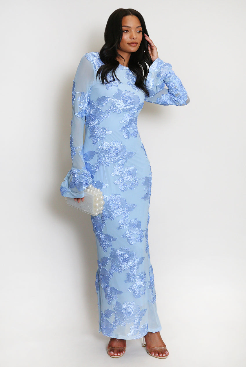 FLORAL LACE MIDI DRESS WITH FLUTE CUFFS