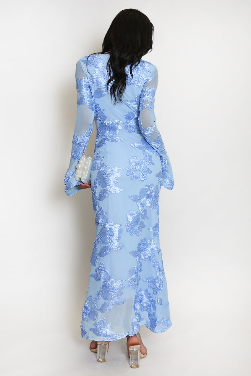 FLORAL LACE MIDI DRESS WITH FLUTE CUFFS