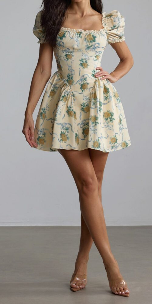 beverly Floral Print Square Neck Mini Dress in yellow beverly Floral Print Square Neck Mini Dress in yellow