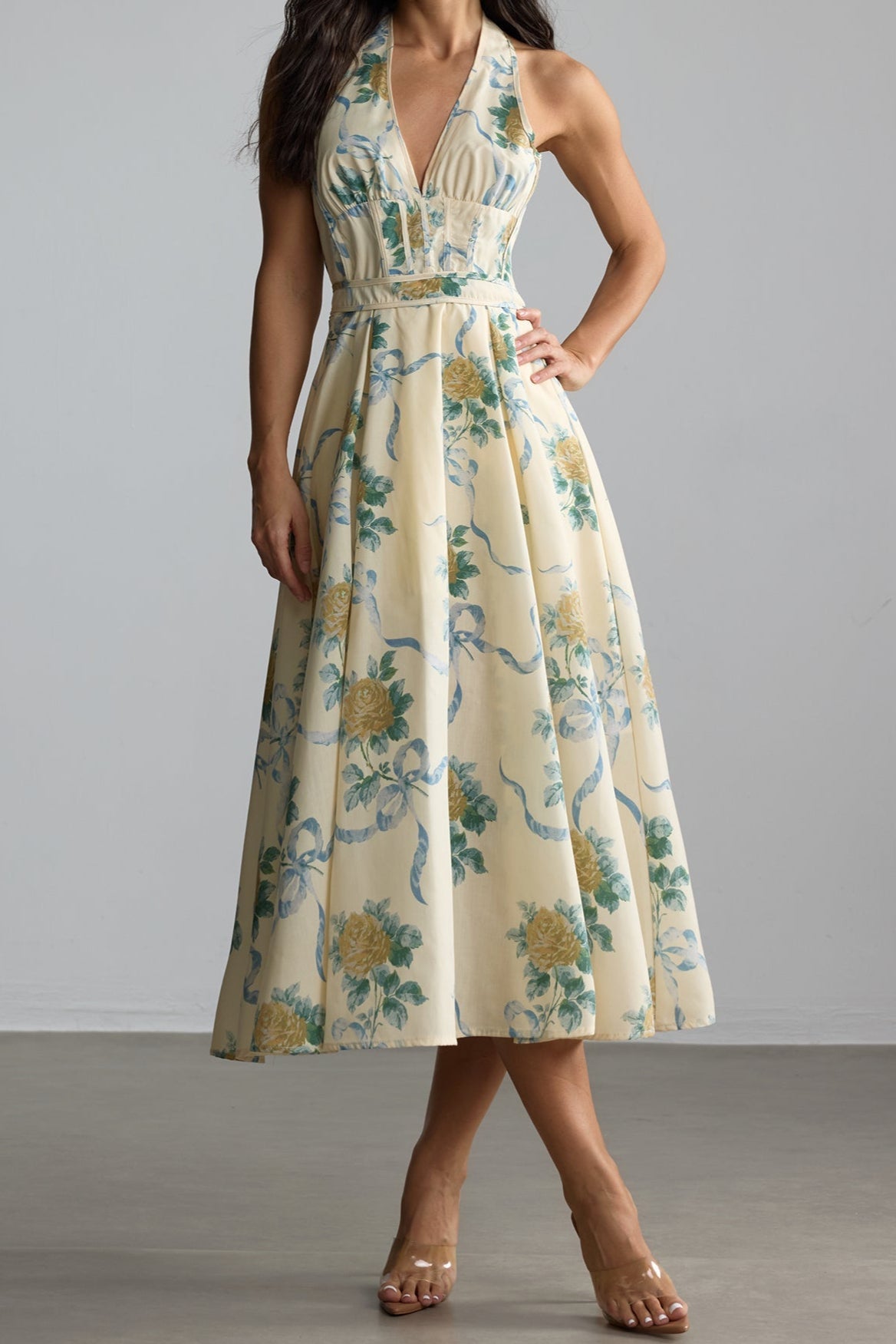 DEIRDRE FLORAL MIDI DRESS, YELLOW V-NECK, SUMMER