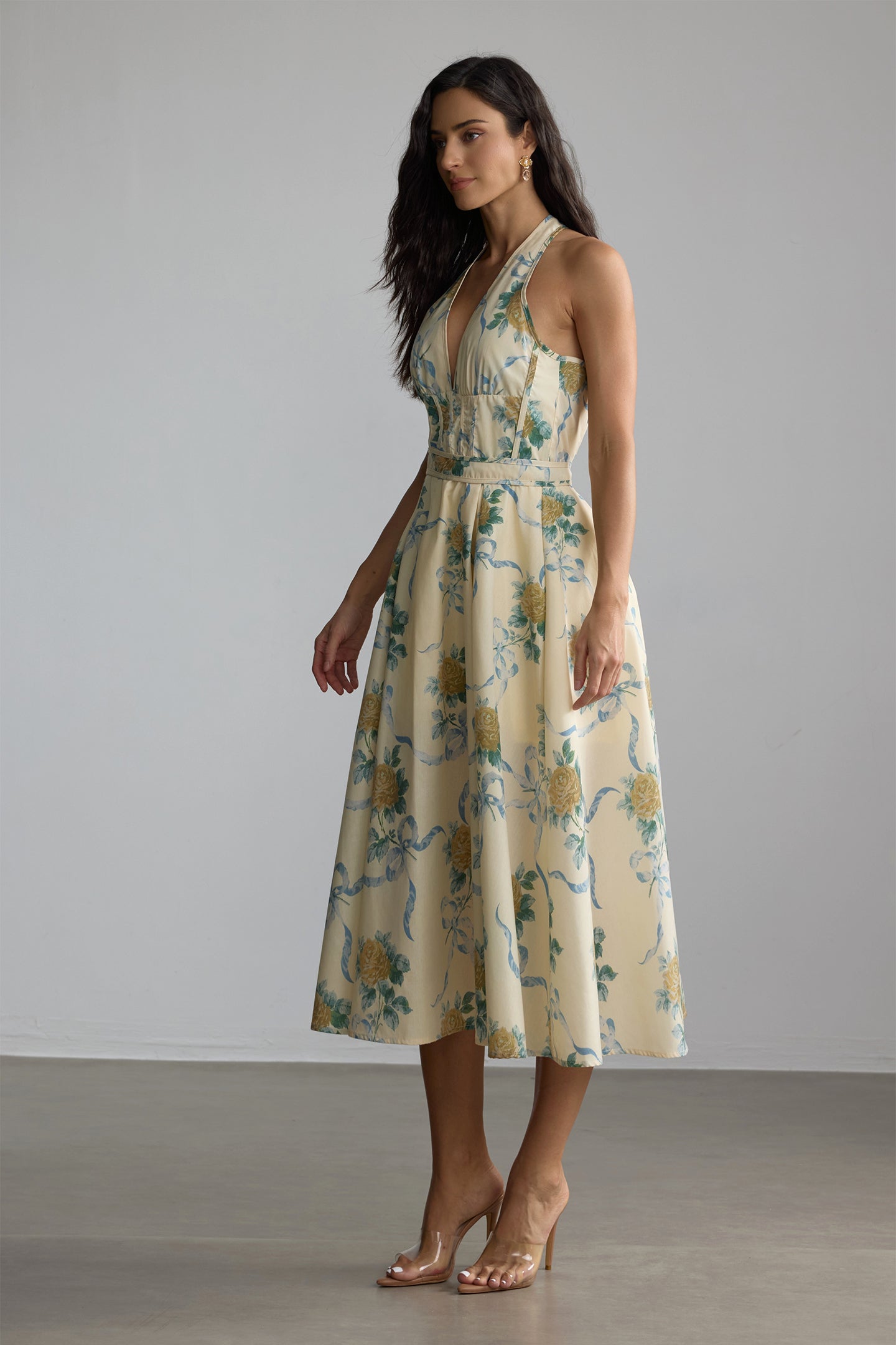 DEIRDRE FLORAL MIDI DRESS, YELLOW V-NECK, SUMMER