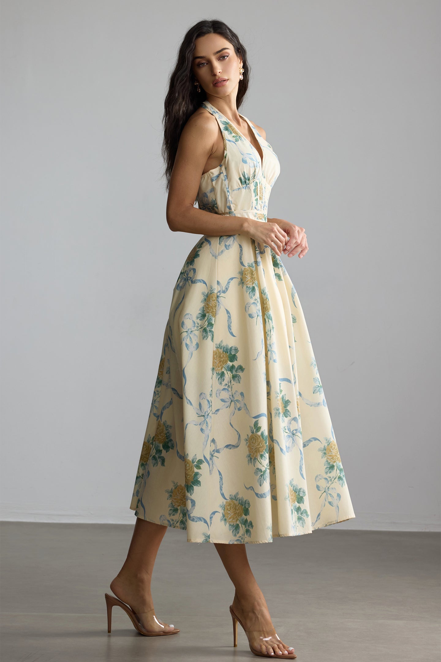 DEIRDRE FLORAL MIDI DRESS, YELLOW V-NECK, SUMMER