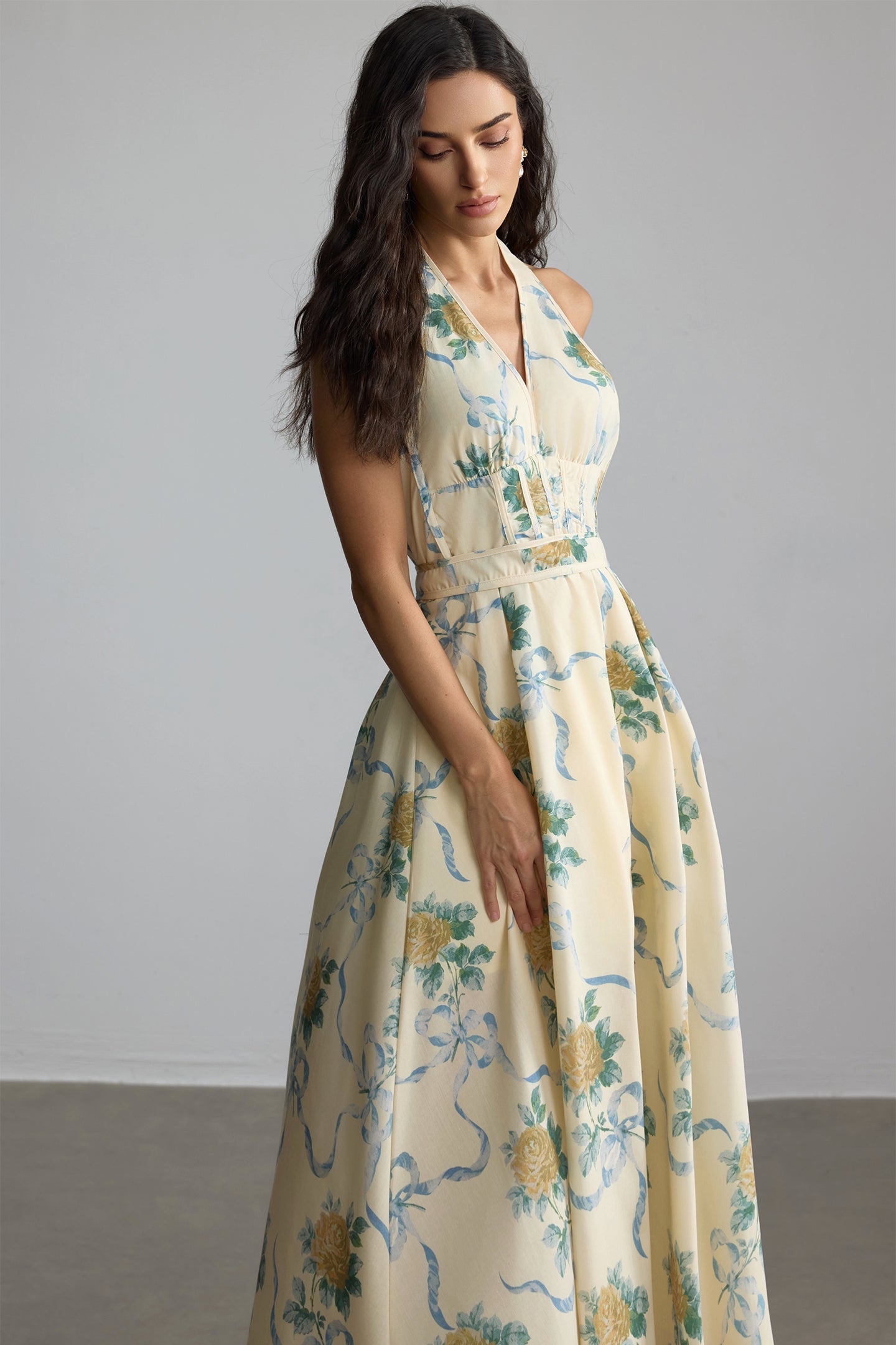 DEIRDRE FLORAL MIDI DRESS, YELLOW V-NECK, SUMMER