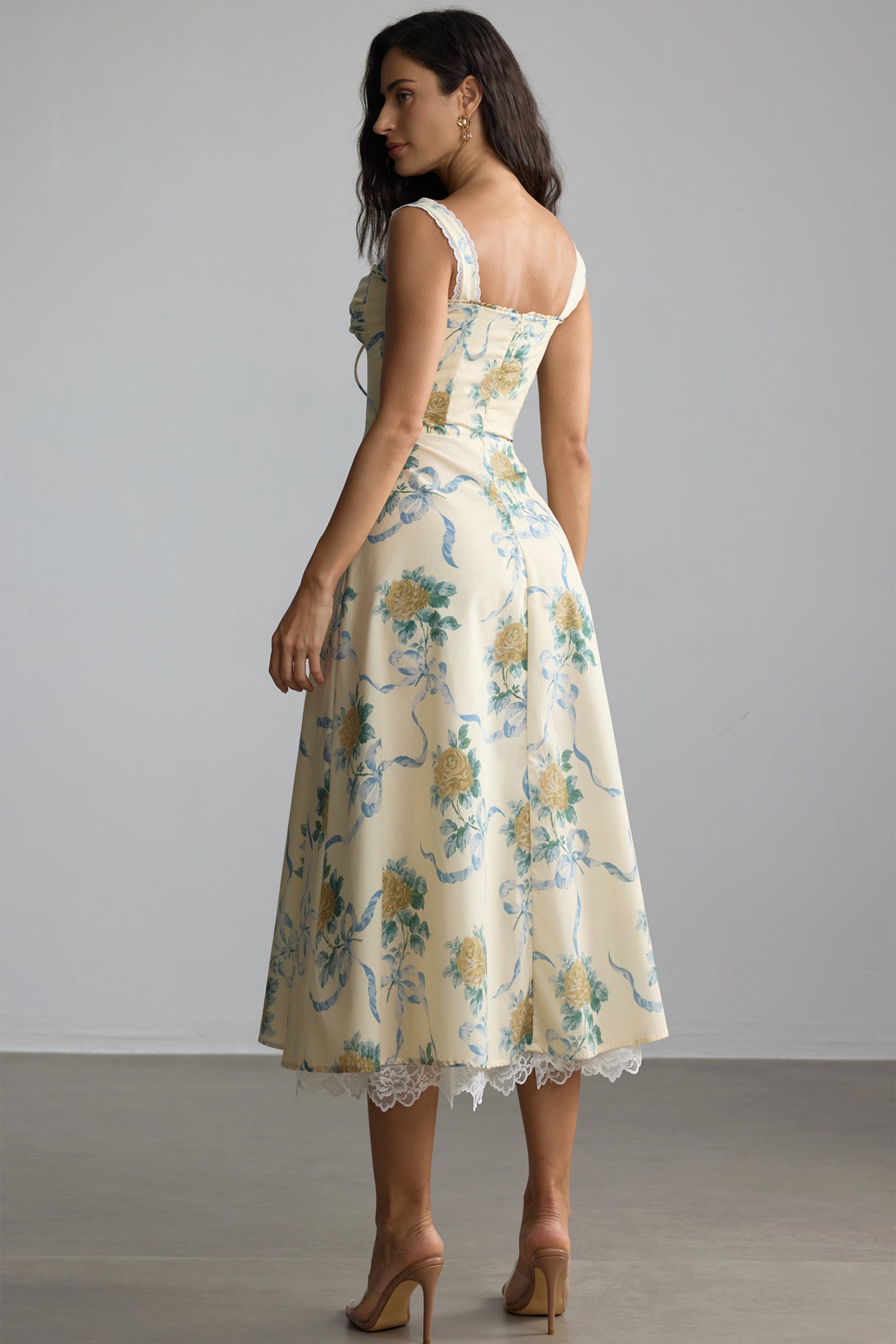 YELLOW FLORAL SWEETHEART MIDI DRESS FOR WEDDING GUESTS