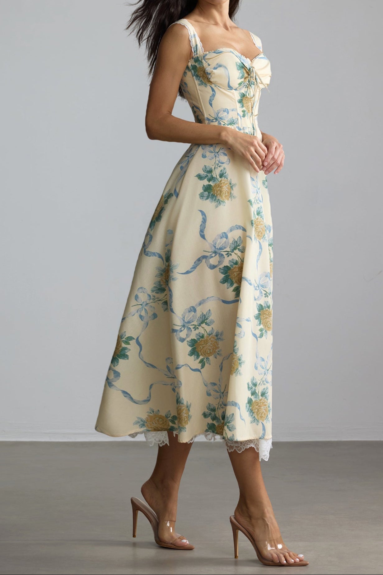 YELLOW FLORAL SWEETHEART MIDI DRESS FOR WEDDING GUESTS