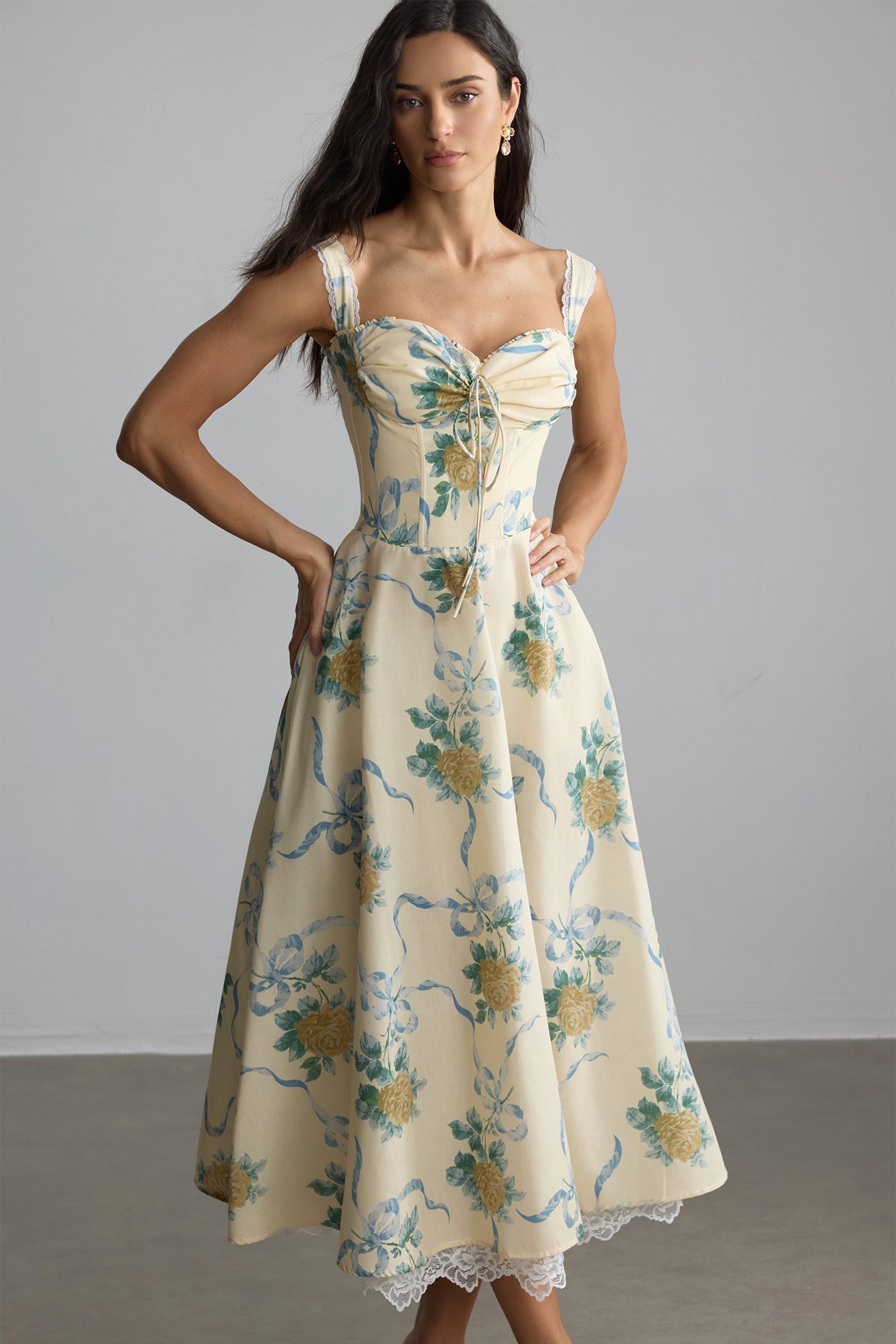 YELLOW FLORAL SWEETHEART MIDI DRESS FOR WEDDING GUESTS