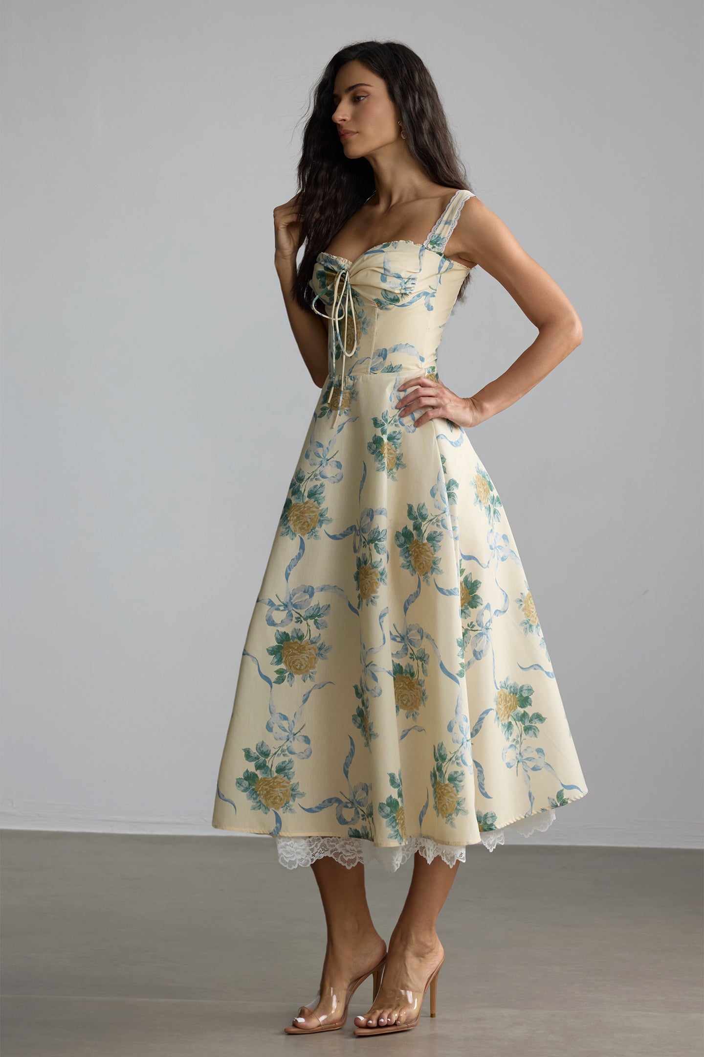 YELLOW FLORAL SWEETHEART MIDI DRESS FOR WEDDING GUESTS