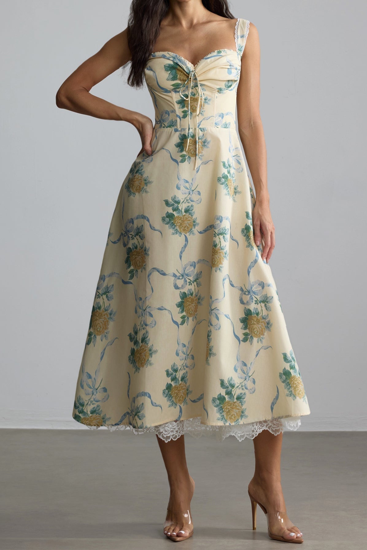 YELLOW FLORAL SWEETHEART MIDI DRESS FOR WEDDING GUESTS