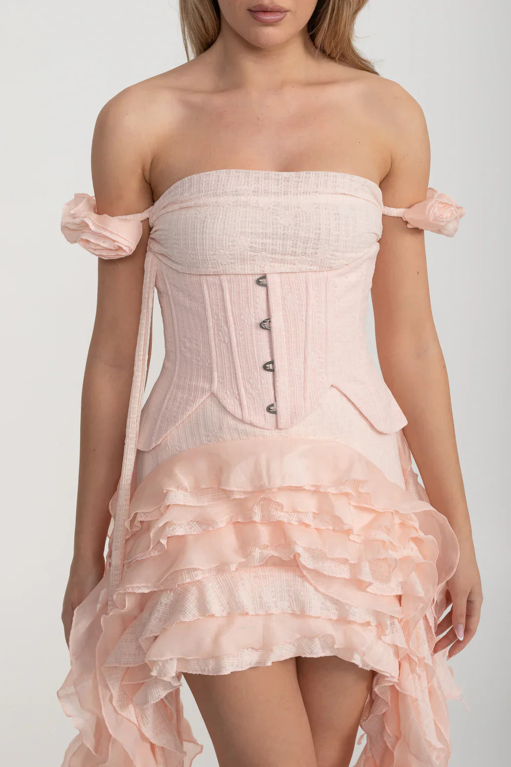 VINTAGE PINK CORSET DRESS, RUFFLED BUSTIER, FLOWING SIDE DETAILS