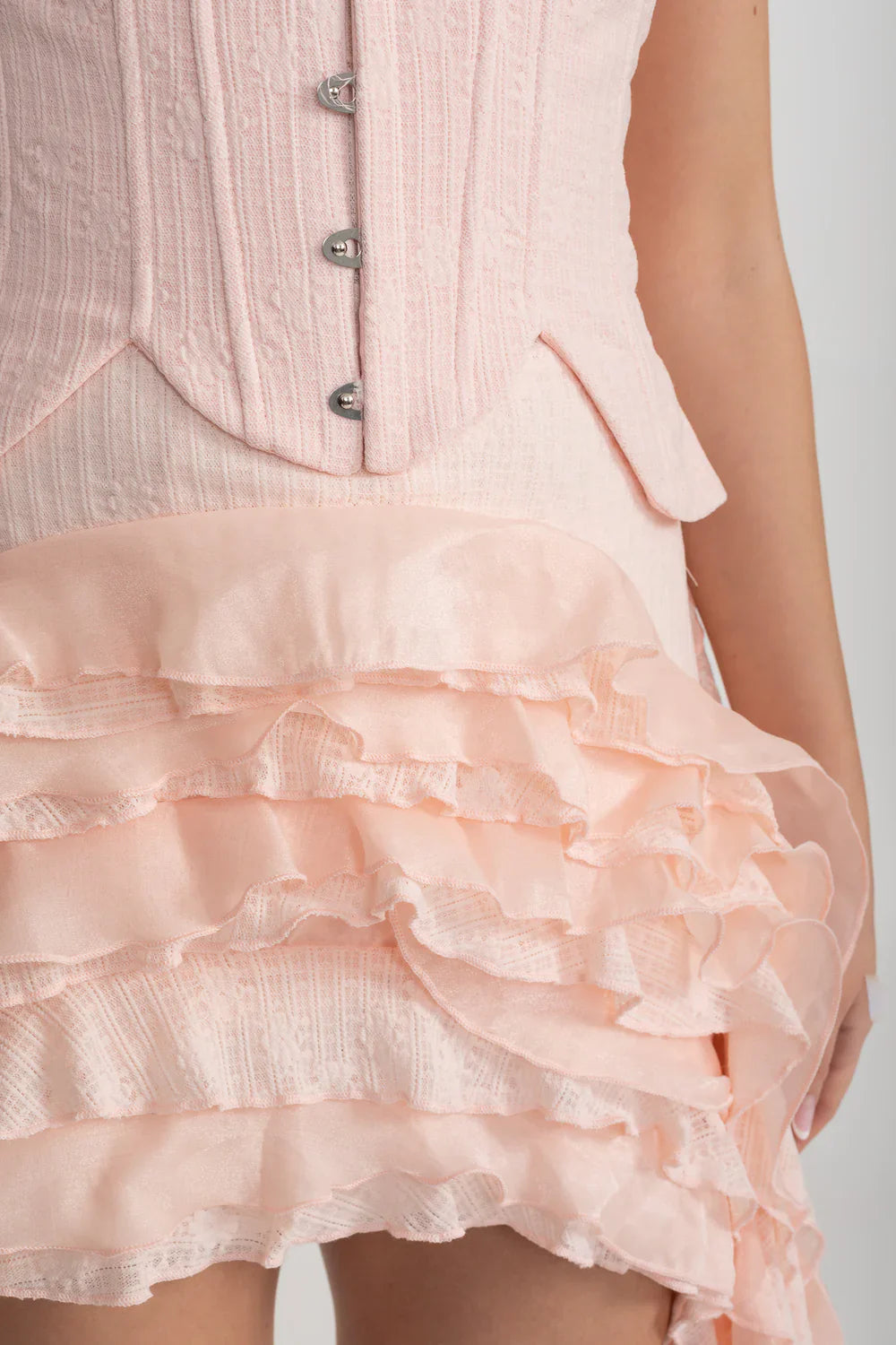 VINTAGE PINK CORSET DRESS, RUFFLED BUSTIER, FLOWING SIDE DETAILS