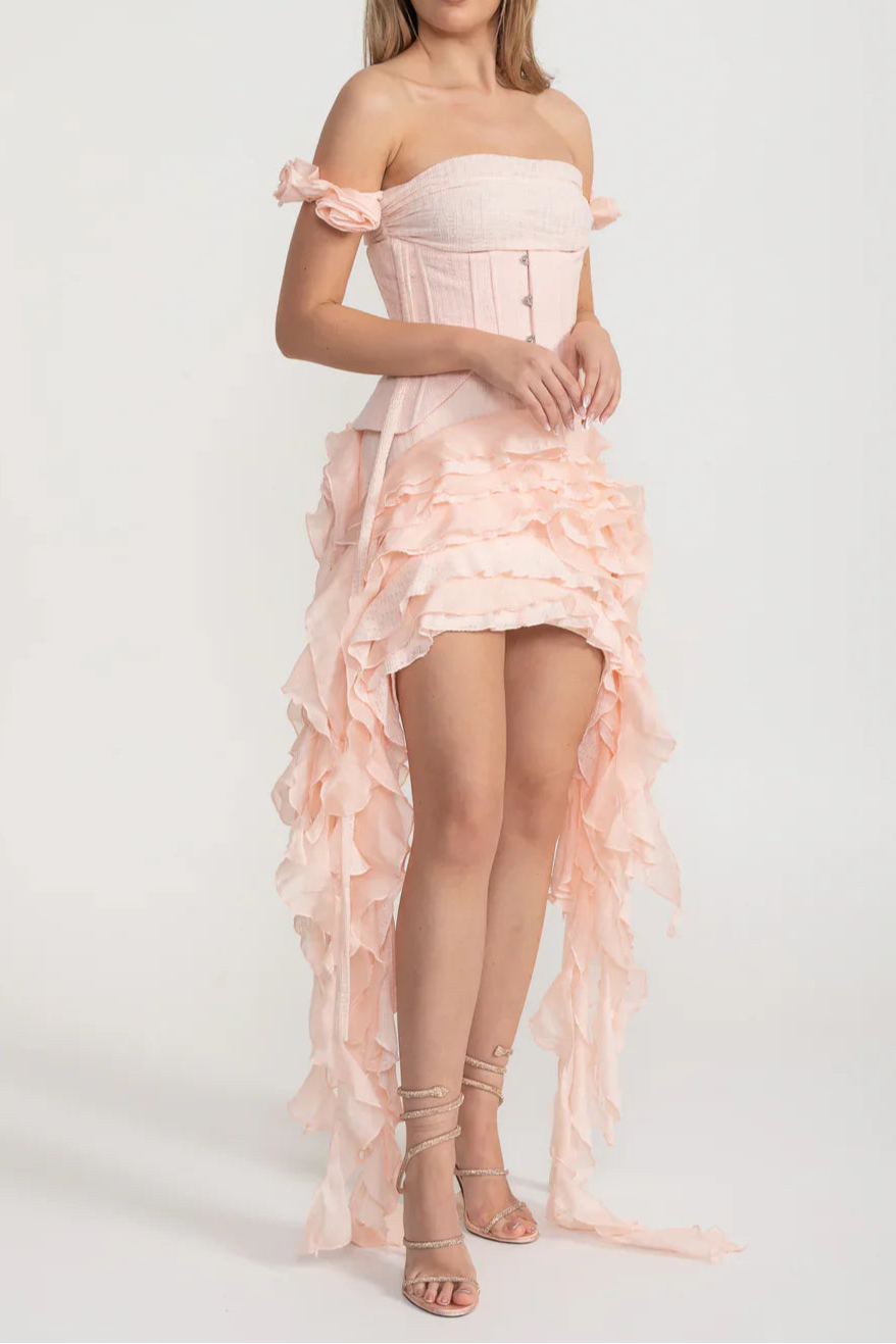 VINTAGE PINK CORSET DRESS, RUFFLED BUSTIER, FLOWING SIDE DETAILS