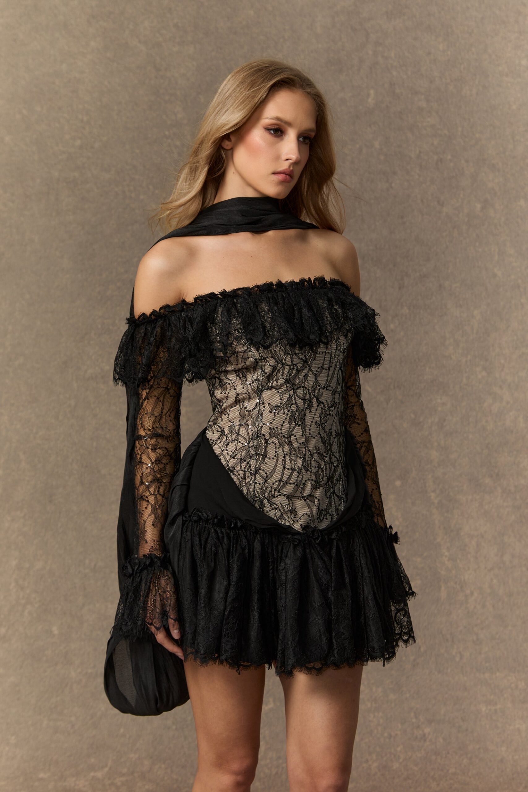BLACK OFF SHOULDER LACE CORSET MINI DRESS