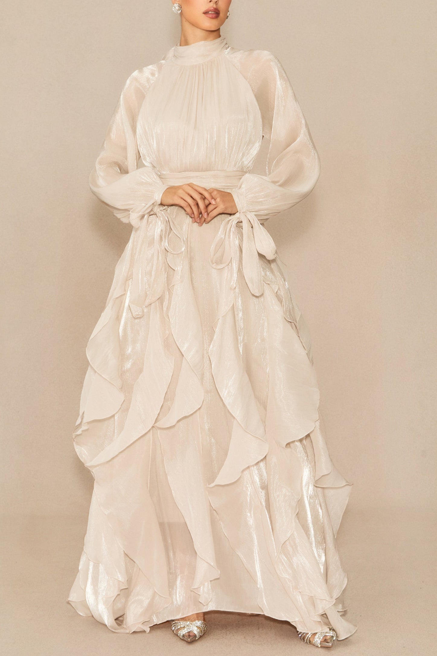 PANDORA PUFF SLEEVE RUFFLE MAXI DRESS APRICOT
