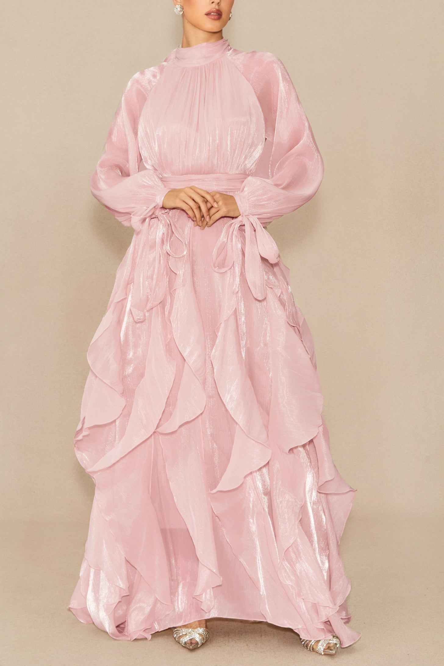 PUFF SLEEVE RUFFLE MAXI DRESS IN PINK
