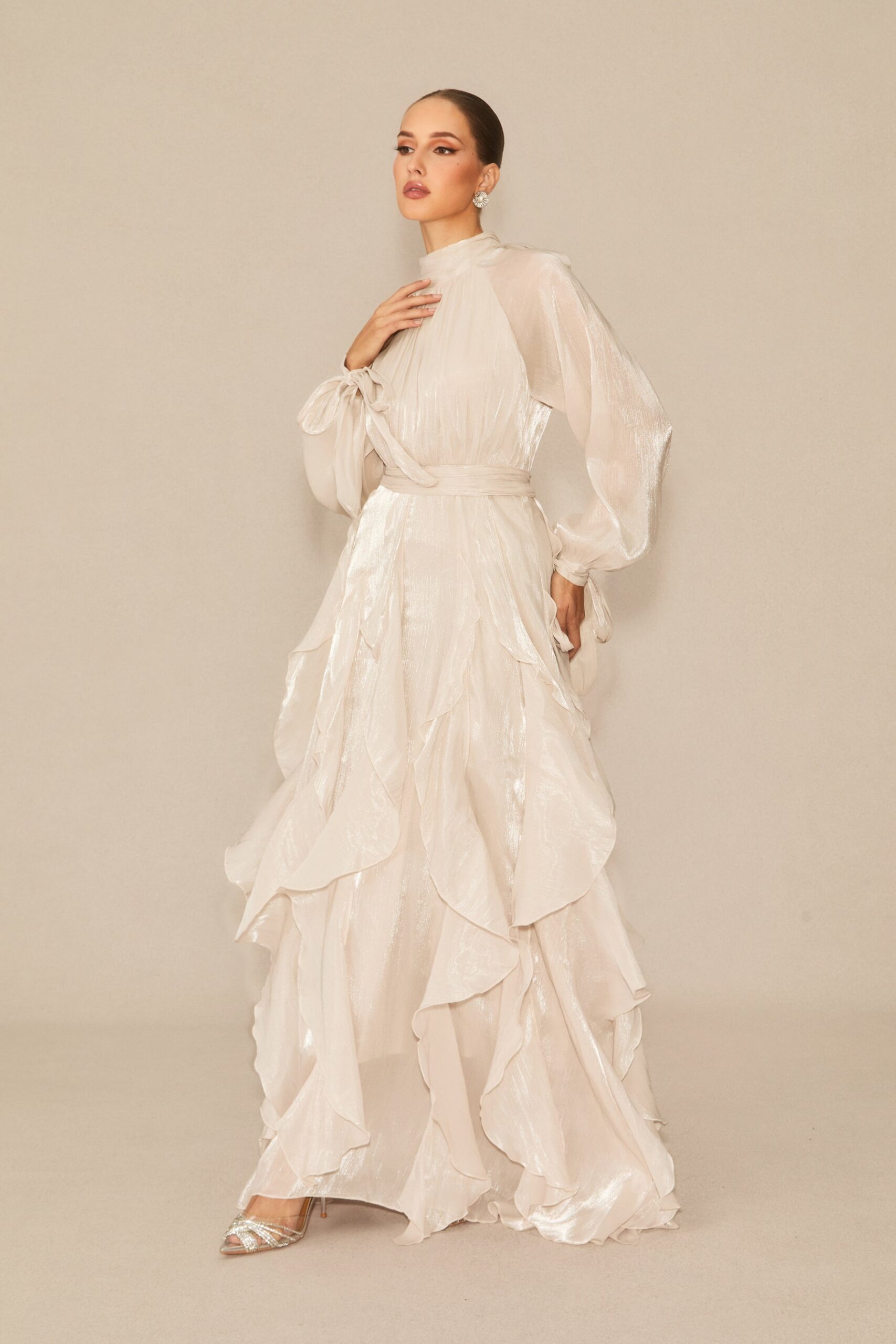 PANDORA PUFF SLEEVE RUFFLE MAXI DRESS APRICOT