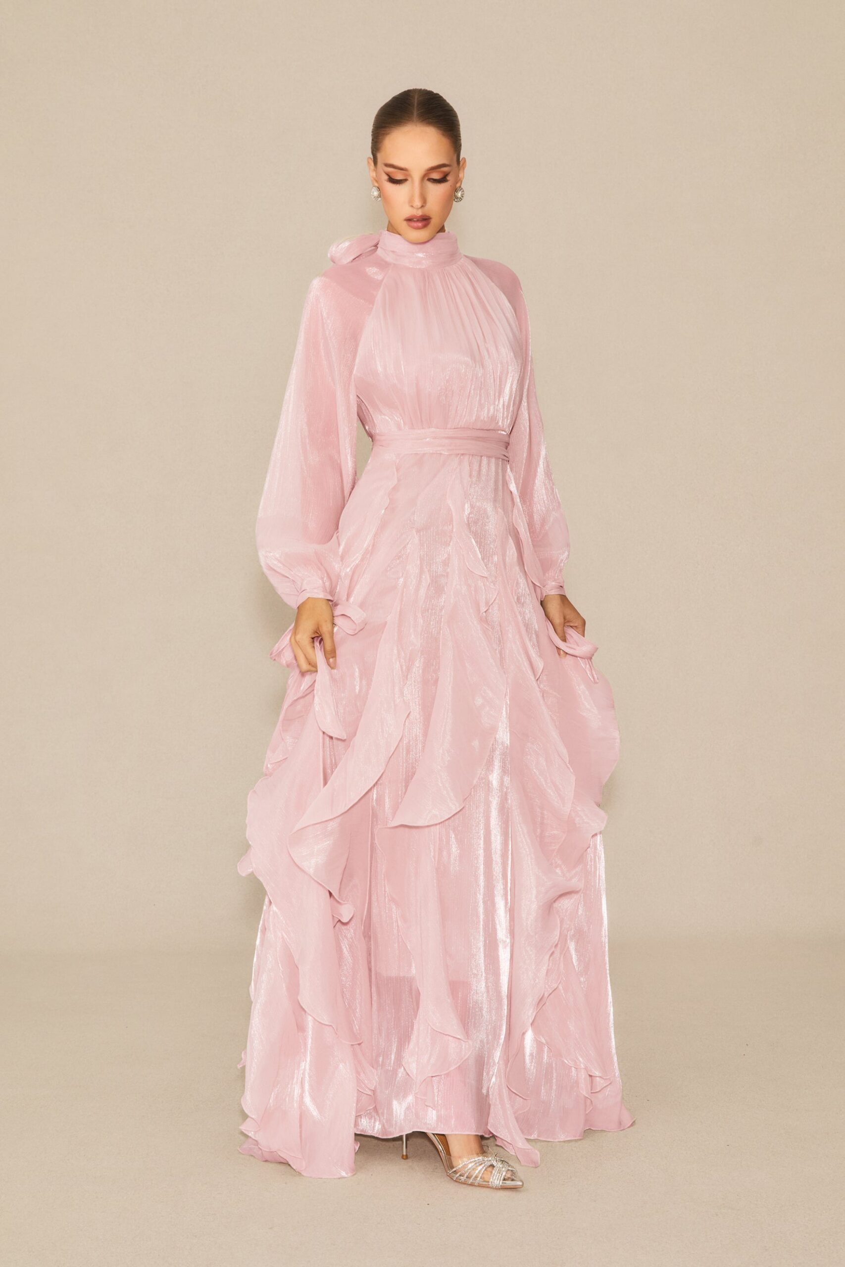 PUFF SLEEVE RUFFLE MAXI DRESS IN PINK