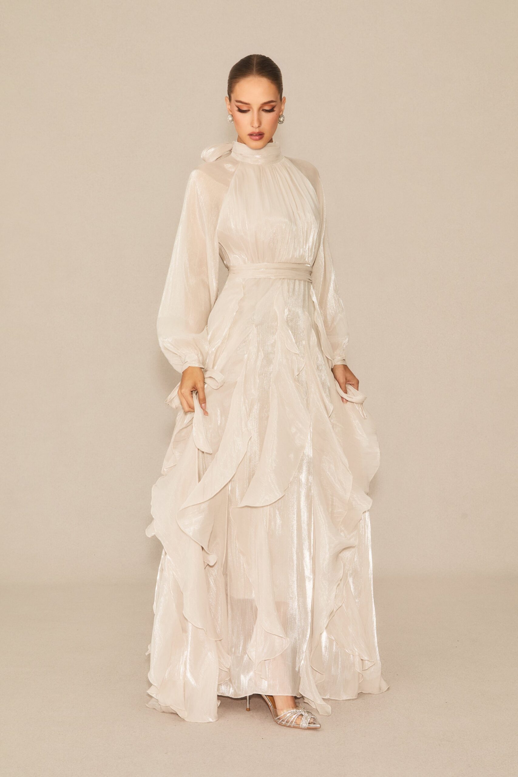 PANDORA PUFF SLEEVE RUFFLE MAXI DRESS APRICOT