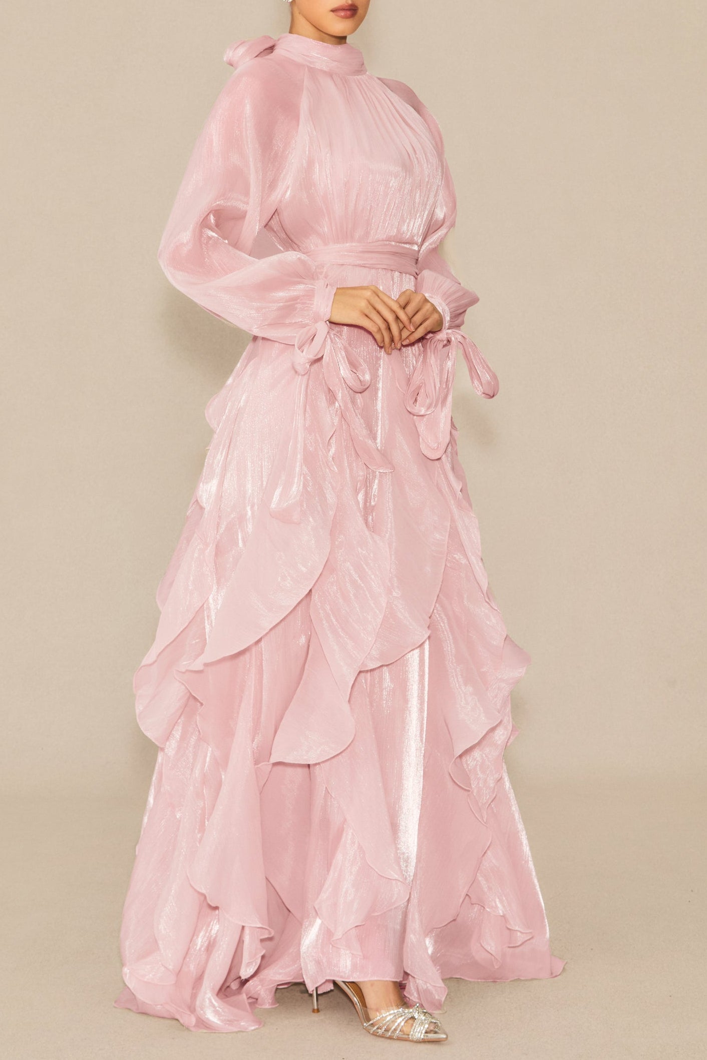 PUFF SLEEVE RUFFLE MAXI DRESS IN PINK