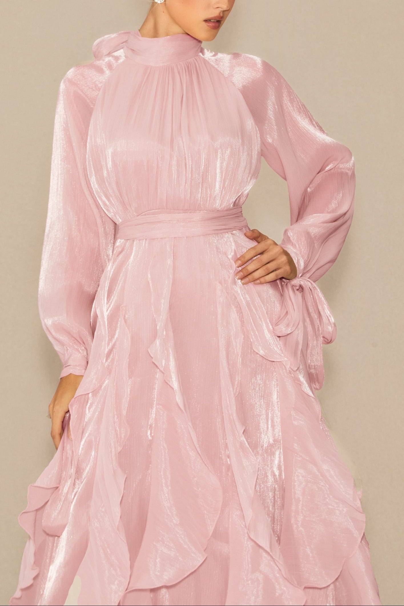 PUFF SLEEVE RUFFLE MAXI DRESS IN PINK