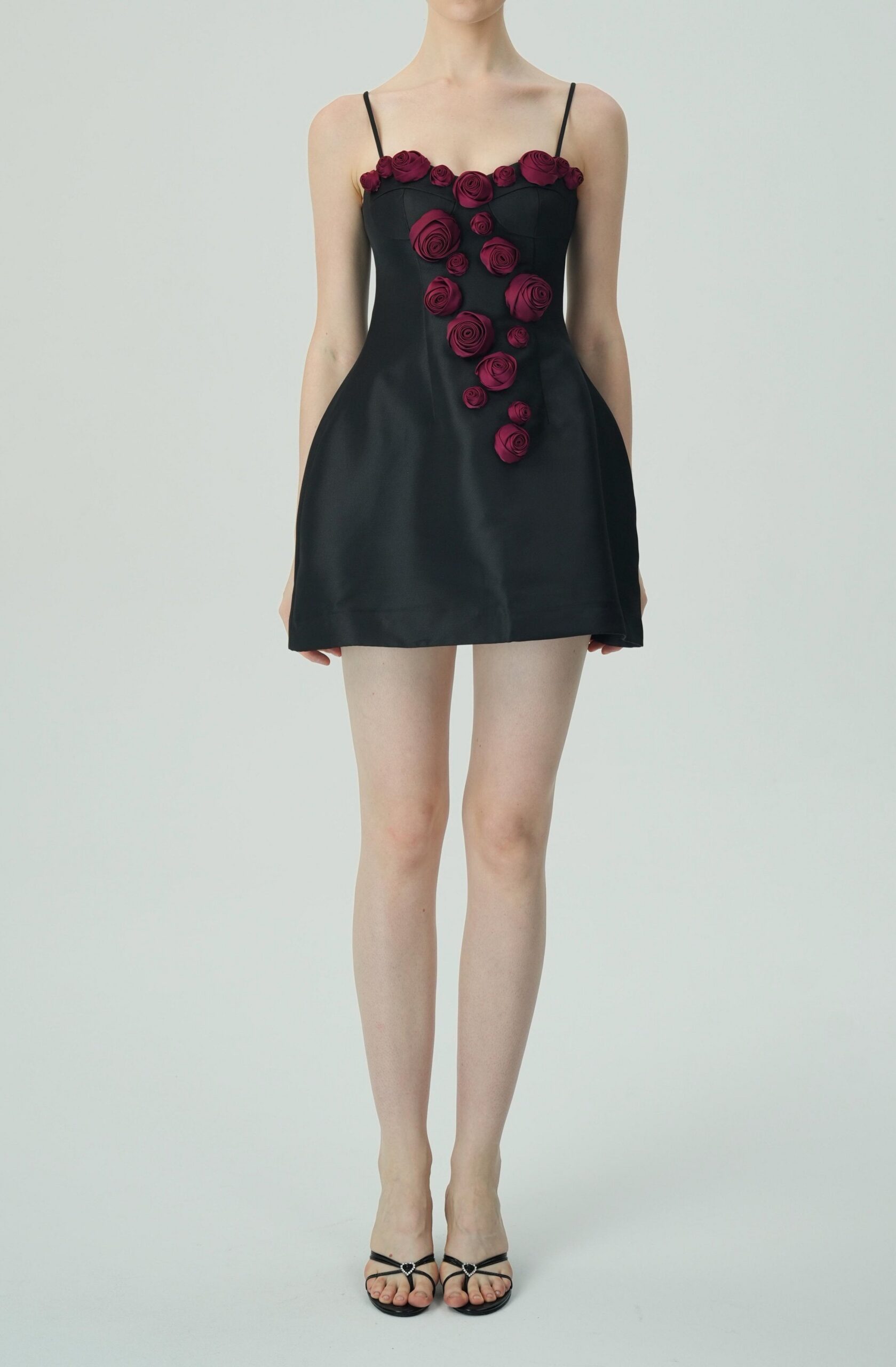 ELEGANT BURGUNDY FLORAL BLACK SATIN MINI DRESS