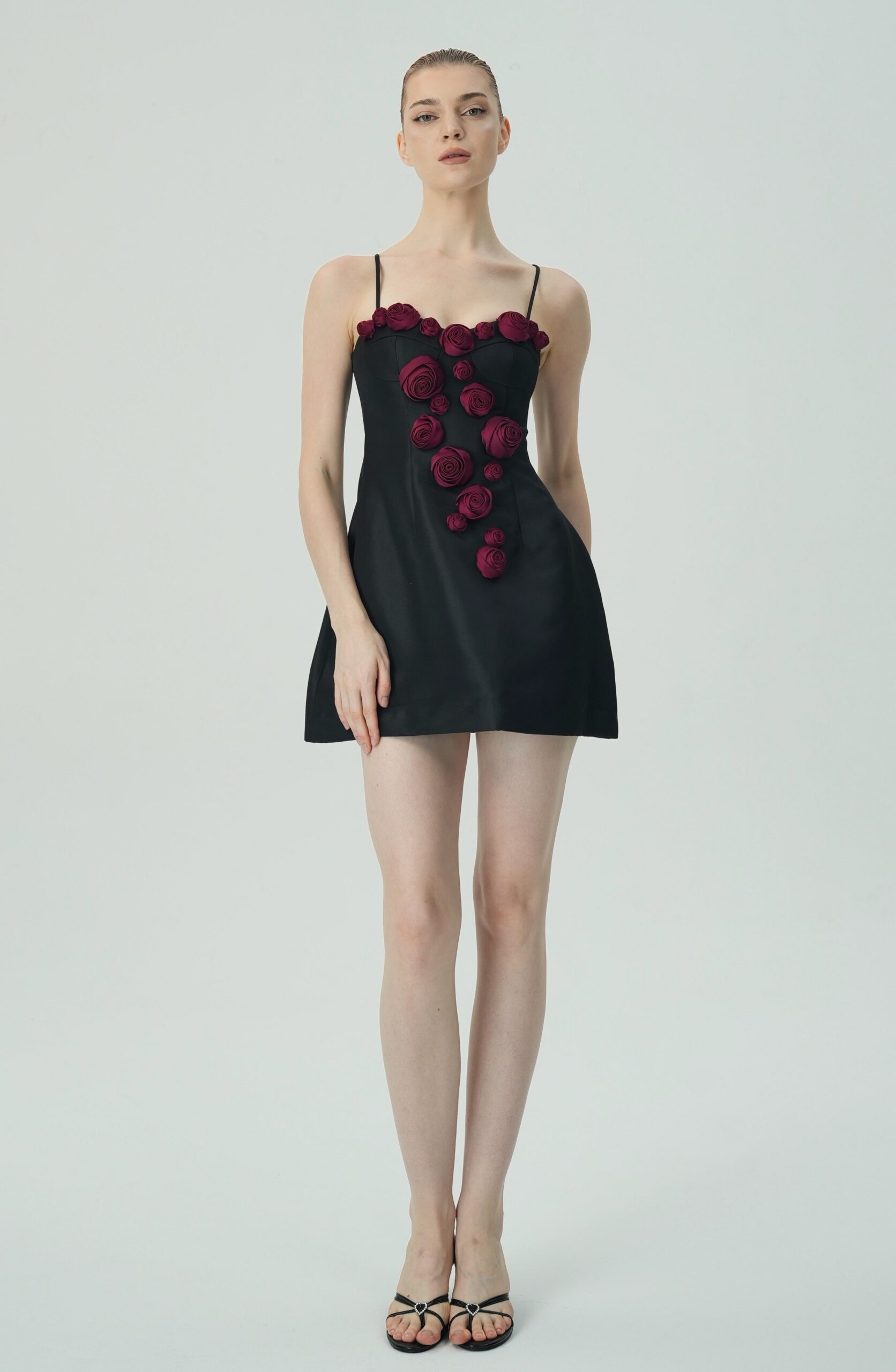 ELEGANT BURGUNDY FLORAL BLACK SATIN MINI DRESS