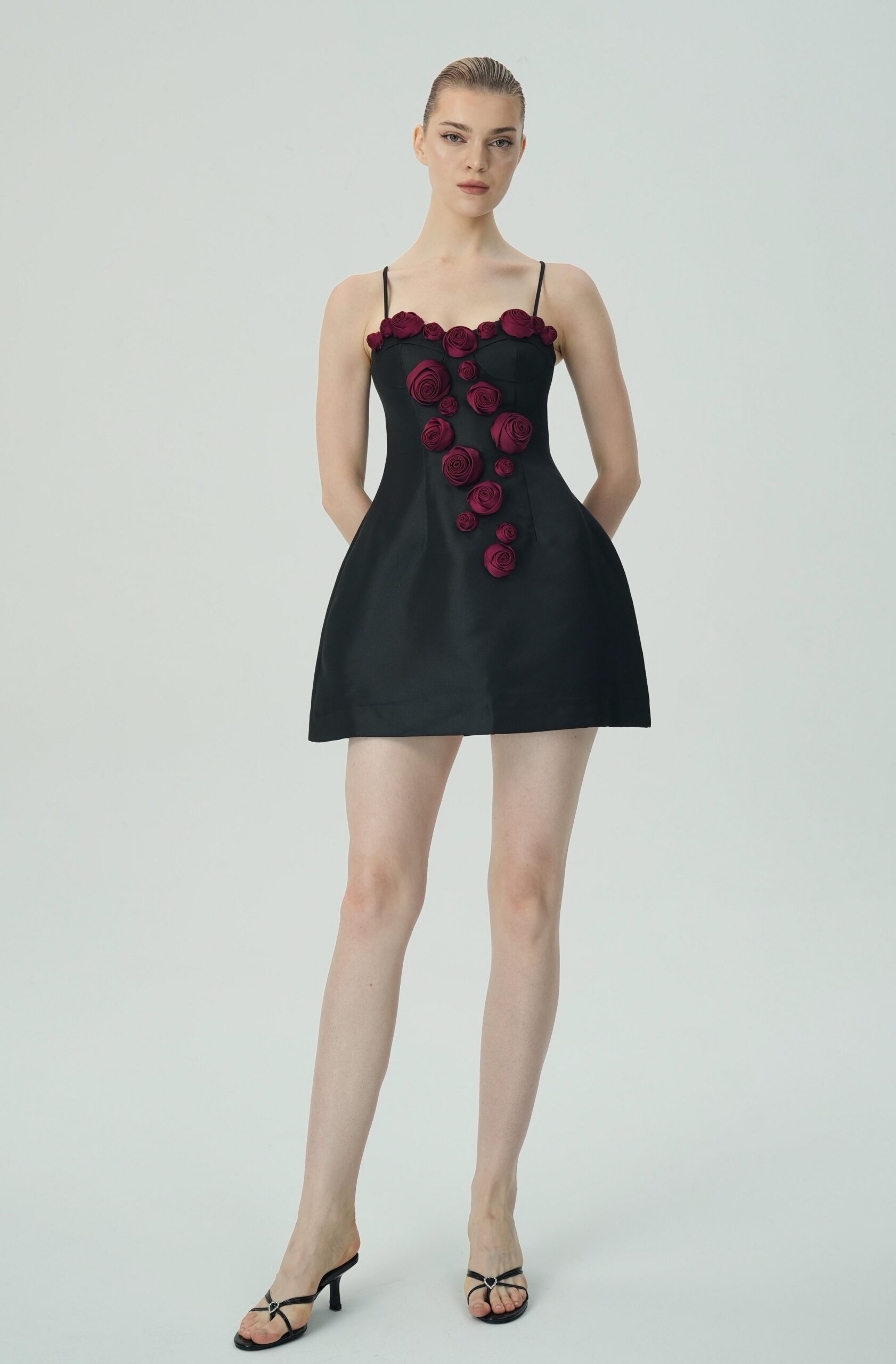 ELEGANT BURGUNDY FLORAL BLACK SATIN MINI DRESS
